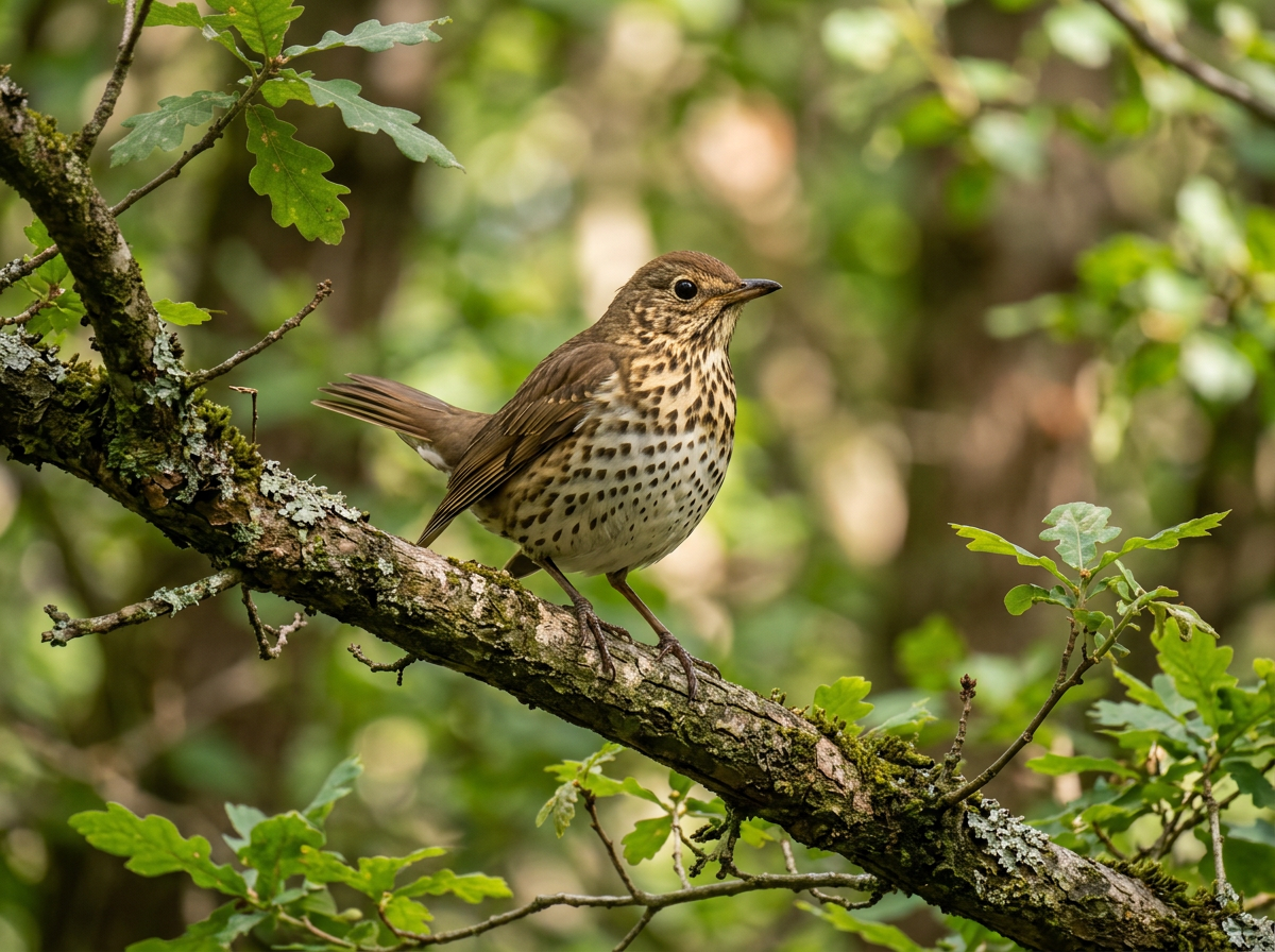 Song thrush with spotted breast perched on a mossy tree branch